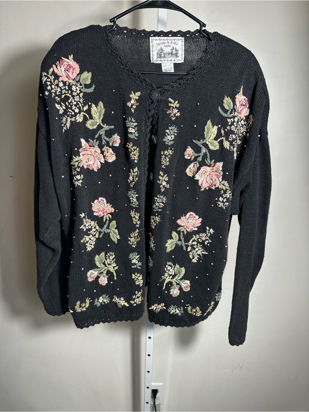 P394. Jacque & KoKo Vintage-Inspired Black Floral Knit Sweater Cardigan